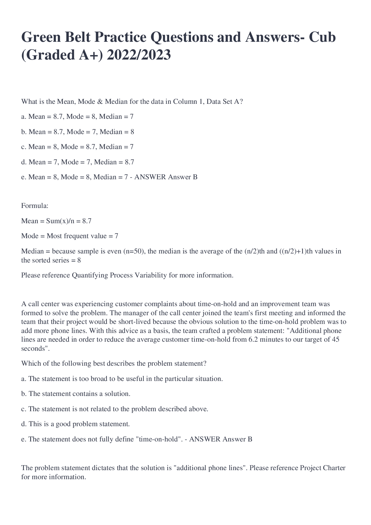 Preview image for Green Belt Practice Questions and Answers- Cub (Graded A+) 2022/2